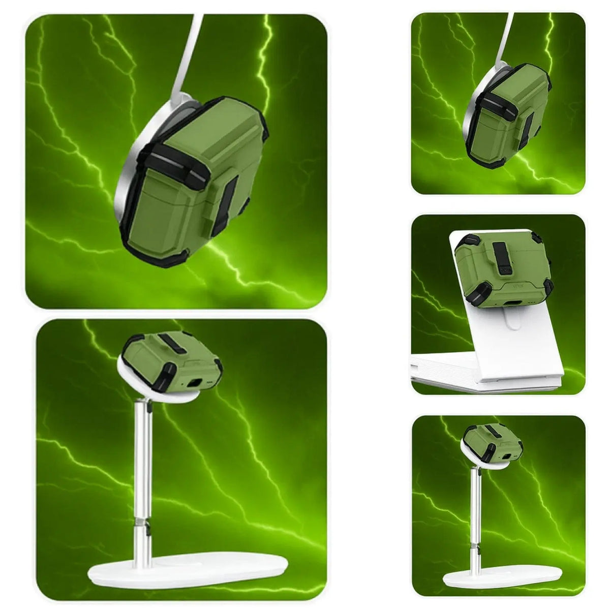 Heavy-duty olive green AirPods Pro case with black accents, secure lock, and MagSafe charging on a white stand.