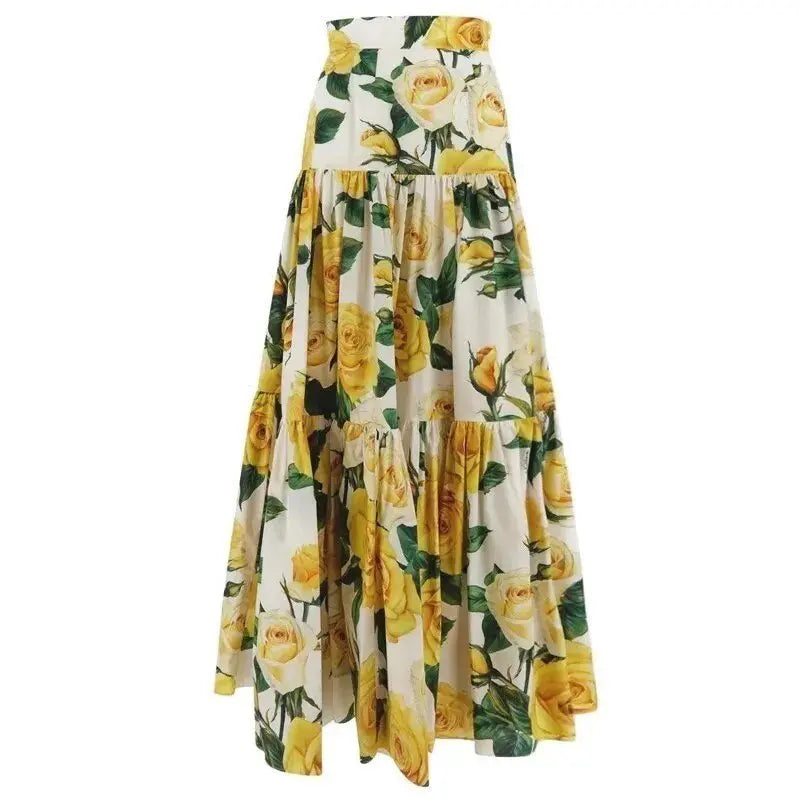 Floral maxi skirt with yellow roses, tiered design, and white background, perfect for summer outings and casual events.