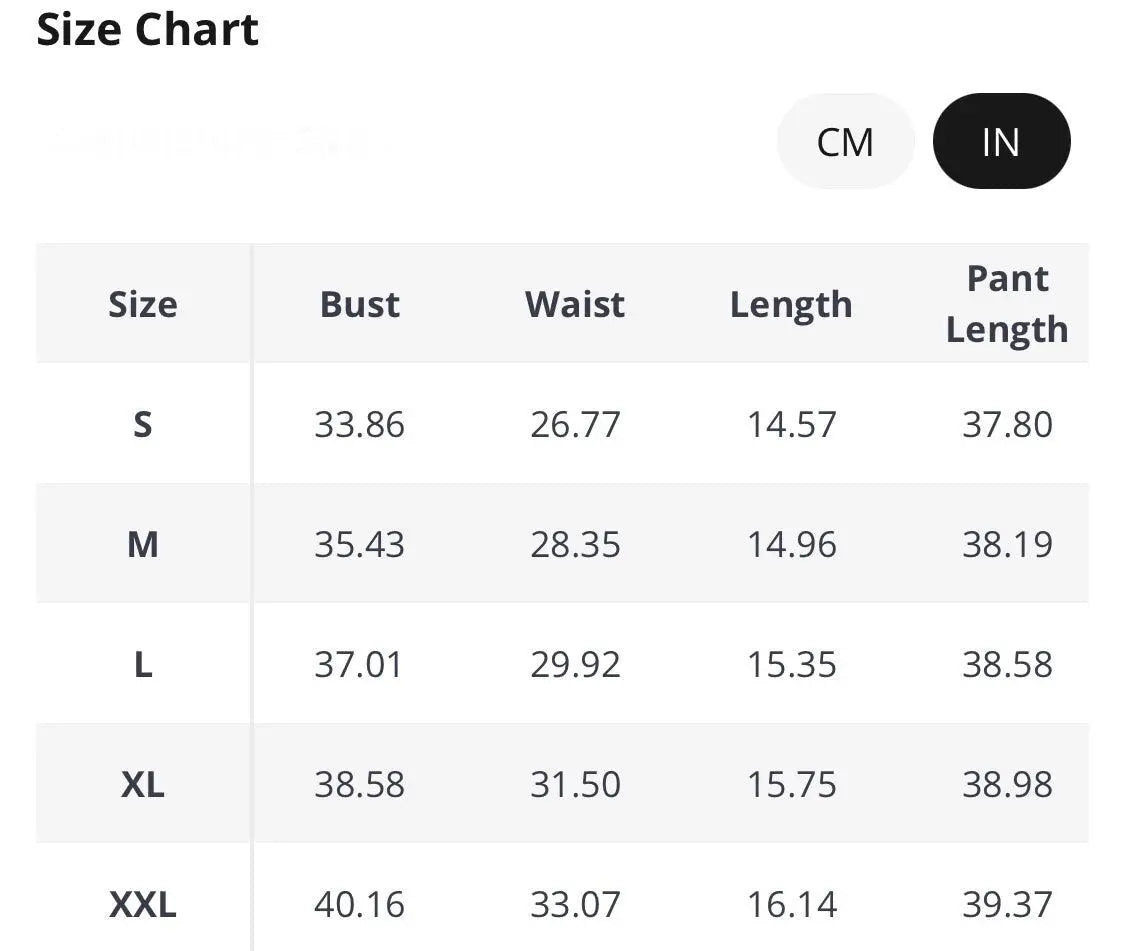 Size chart for women's clothing showing bust, waist, length, and pant length in cm and inches.