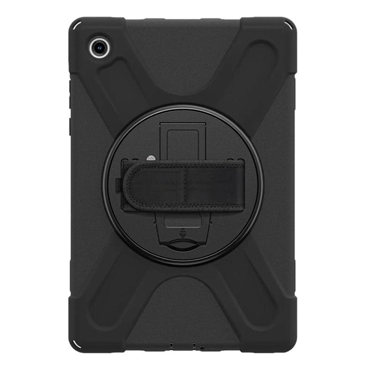 Black heavy-duty tablet case with a rotating circular kickstand and adjustable hand strap on the back.
