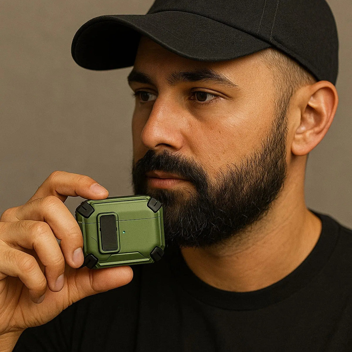 Man holding a heavy-duty, olive green AirPods Pro case featuring a secure locking latch and protective corner bumpers.