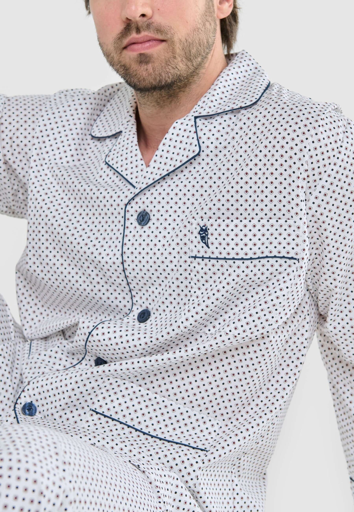 Pijama Hombre Largo Solapa Popelín Estampado - Blanco 1401_01