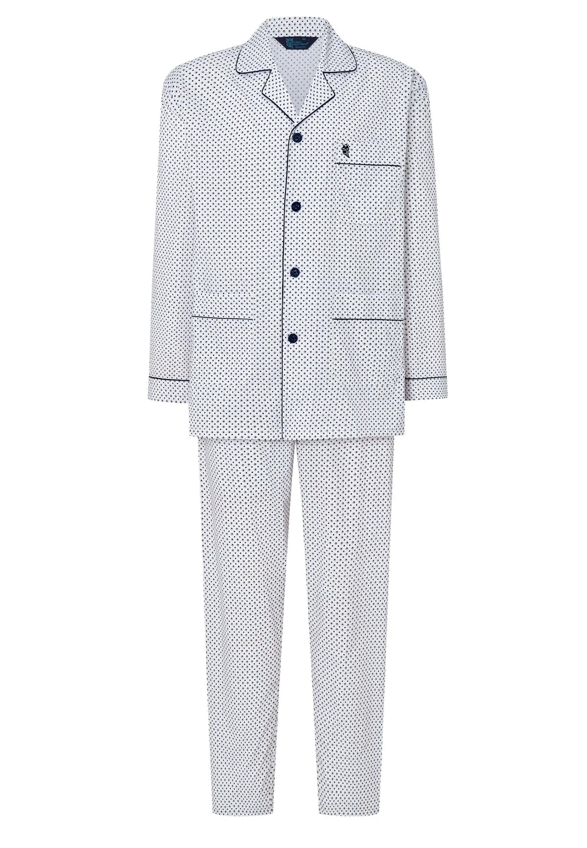Pijama hombre blanco con puntos azul marino, manga larga, solapas, botones y bolsillo, estilo clásico de popelín.