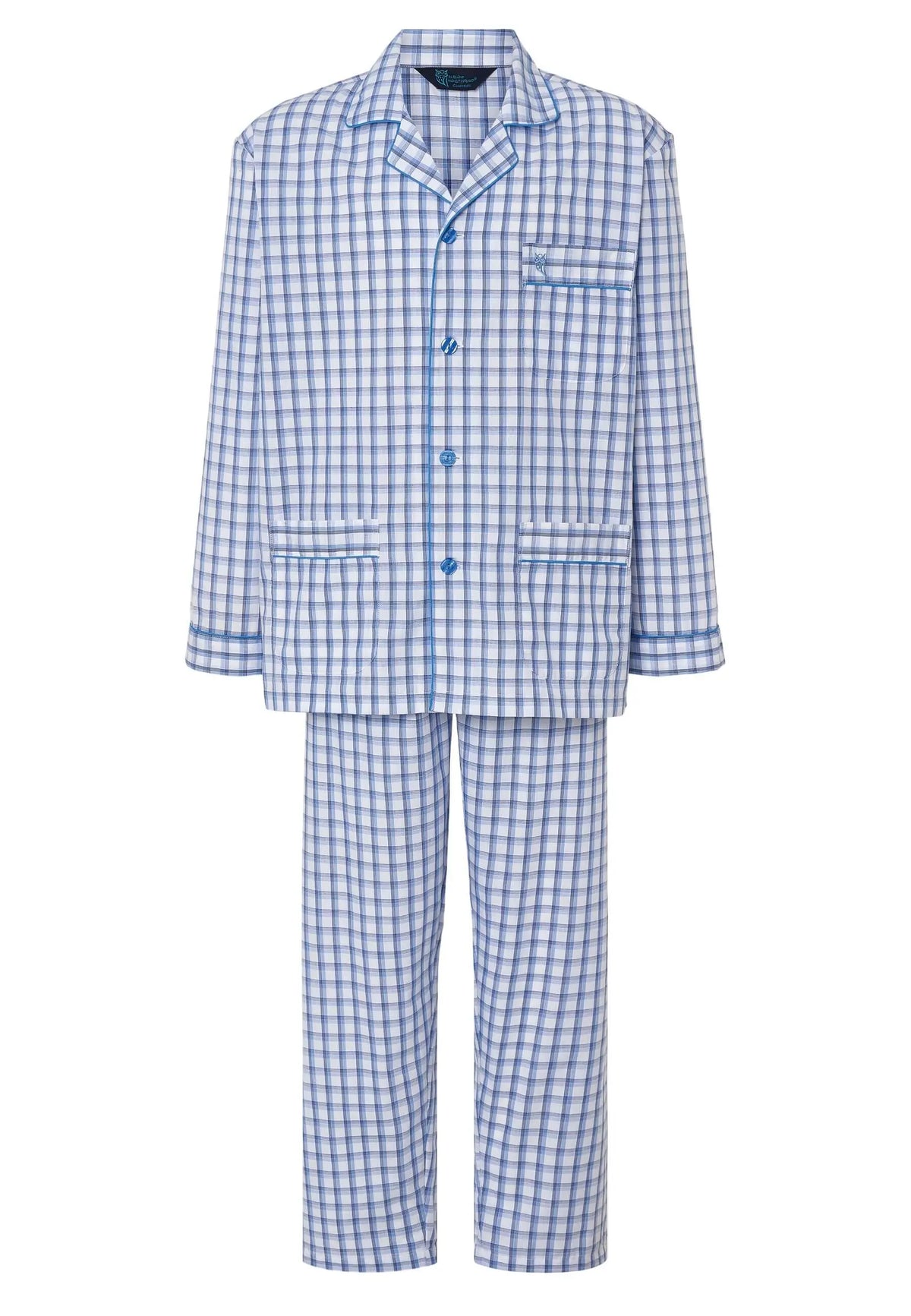 Pijama de hombre largo de botones con solapa, estampado de cuadros azules y blancos sobre tejido de popelín de algodón.