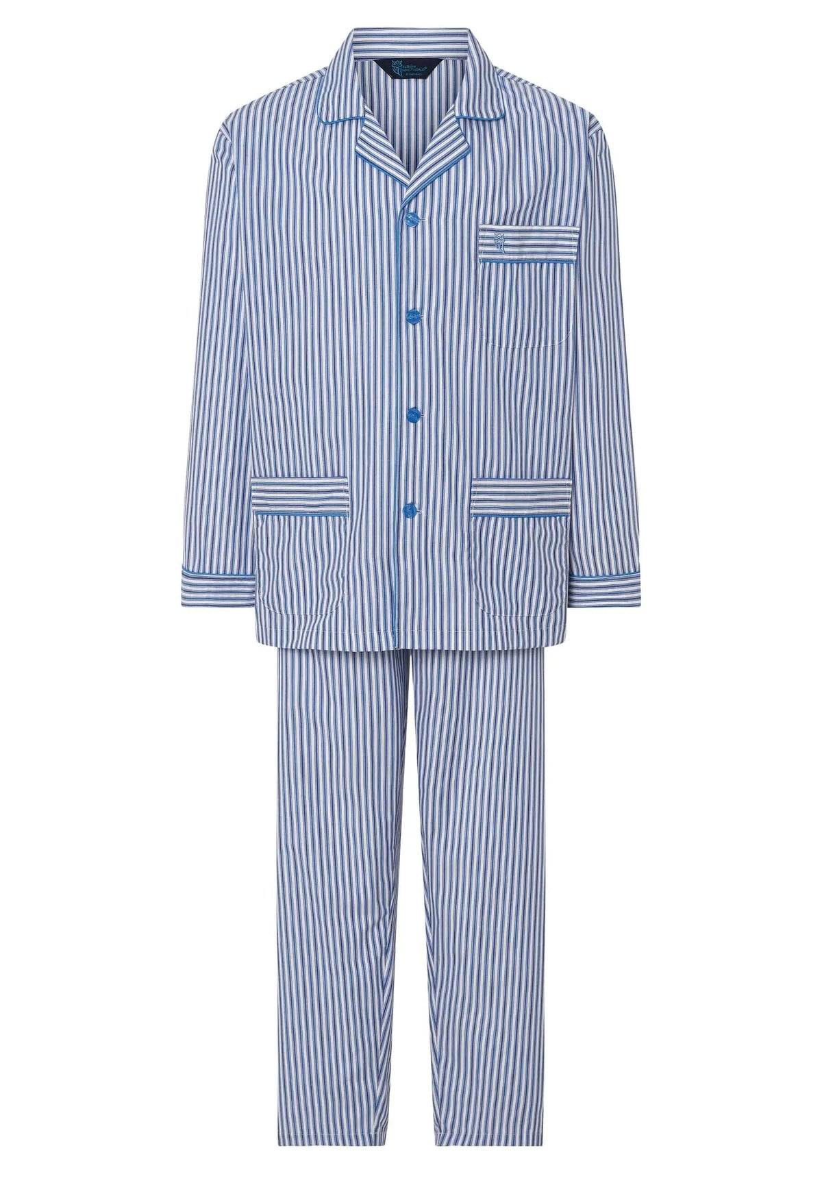 Pijama de hombre azul y blanco de rayas verticales, con solapas, botones y bolsillos, estilo clásico en popelín.