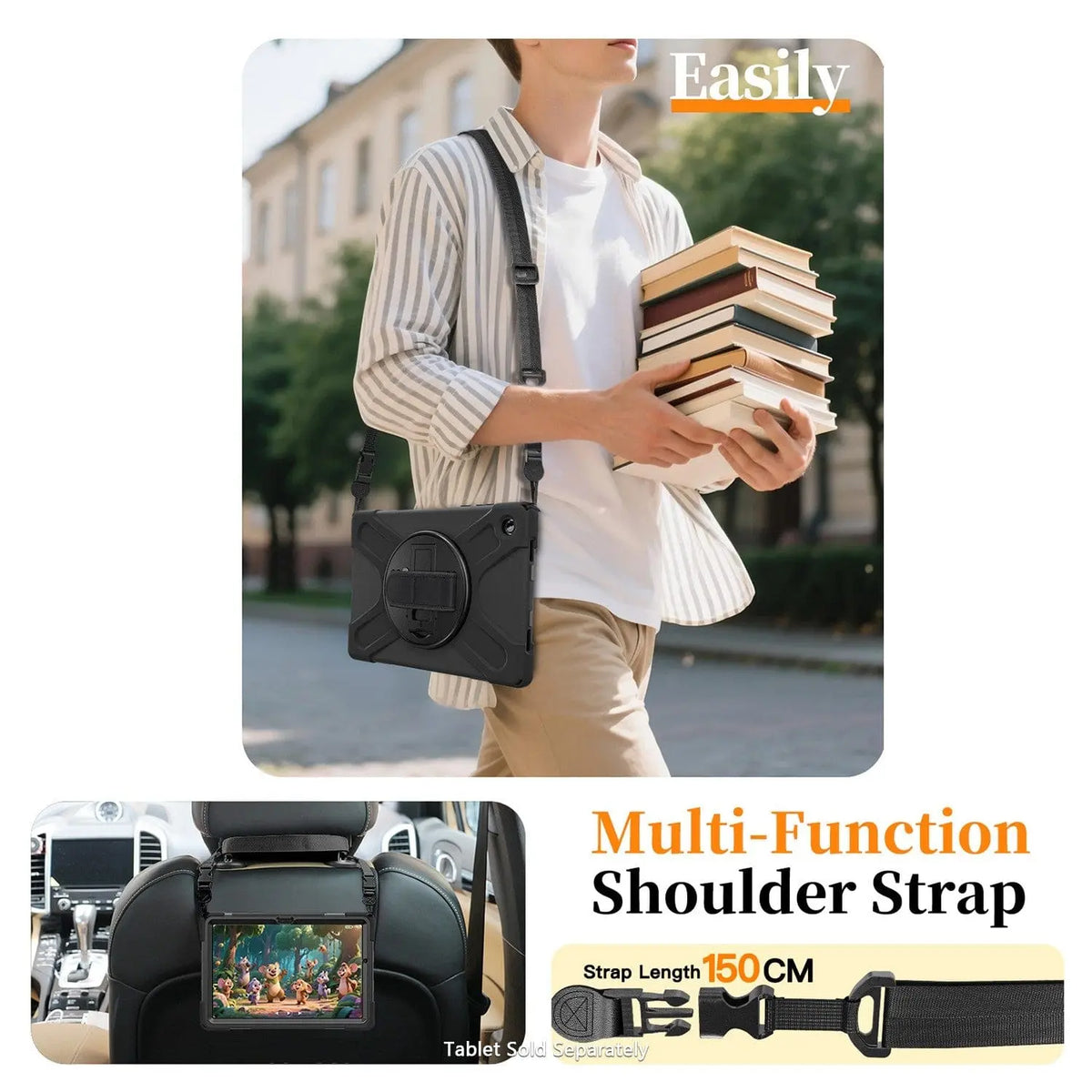 Black heavy-duty tablet case with adjustable shoulder strap and hand strap, worn by a person and mounted in a car.