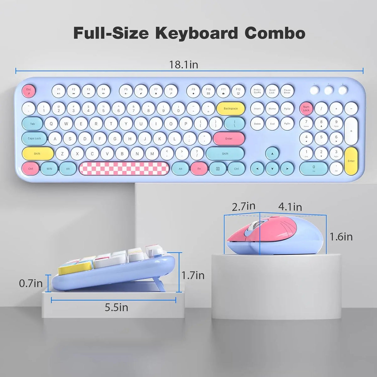 Pastel blue 104-key wireless keyboard with colorful round keys, checkered spacebar, and matching cat-shaped mouse.