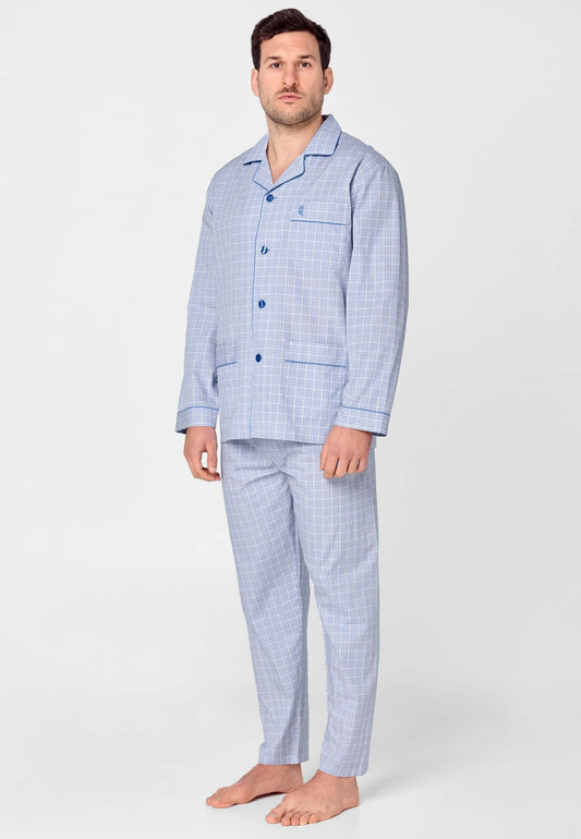Pijama Hombre Largo Solapa Algodón Popelín Cuadros - Azul 1528_30