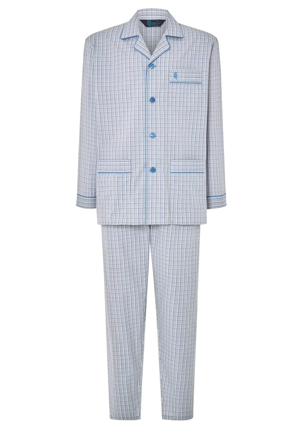 Pijama hombre El Búho Nocturno de cuadros grises y azules, con solapas, botones, bolsillos y ribetes azules a juego.
