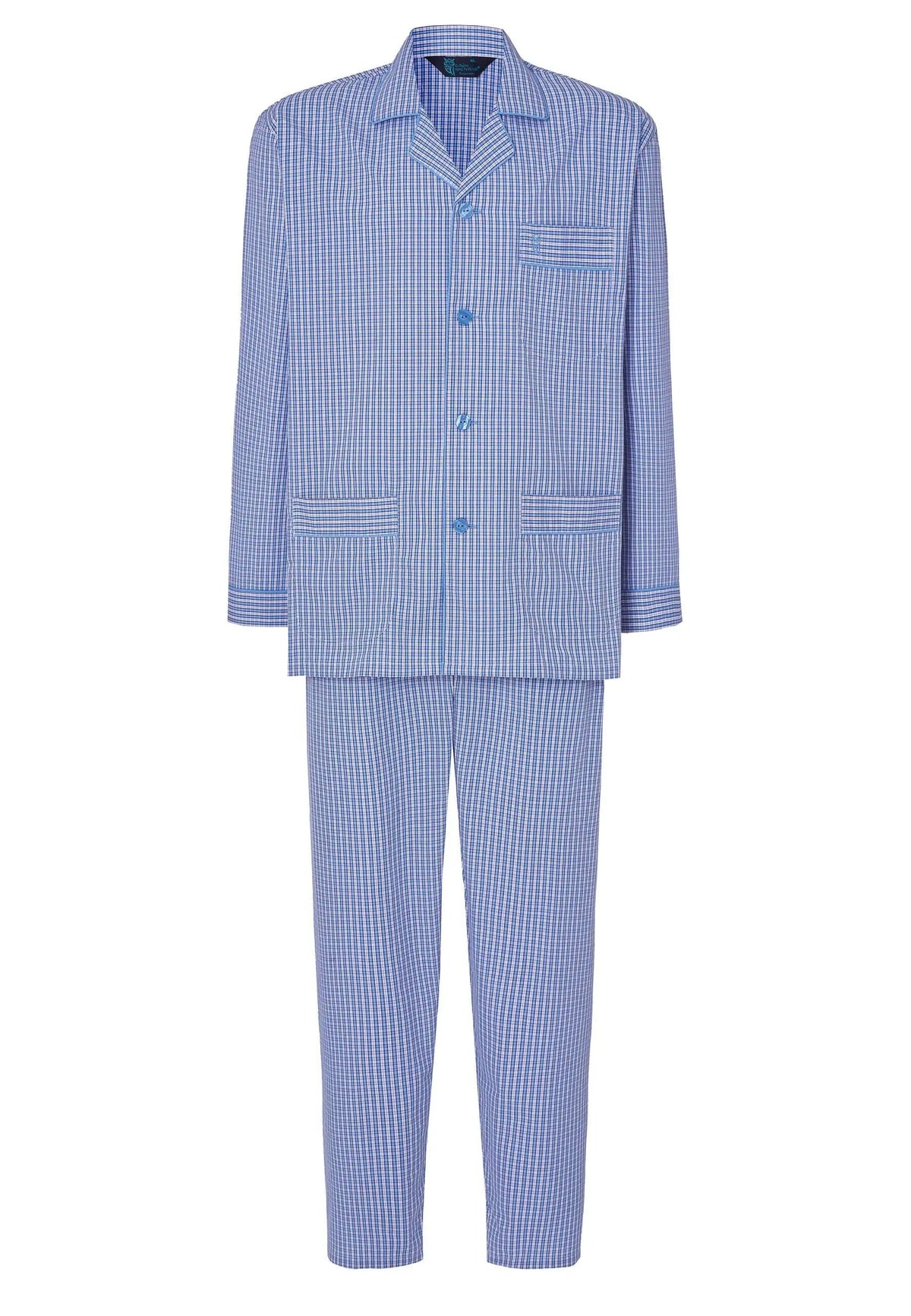 Pijama largo de hombre azul a cuadros, camisa de solapa con botones y bolsillos, tejido liso estilo popelín.