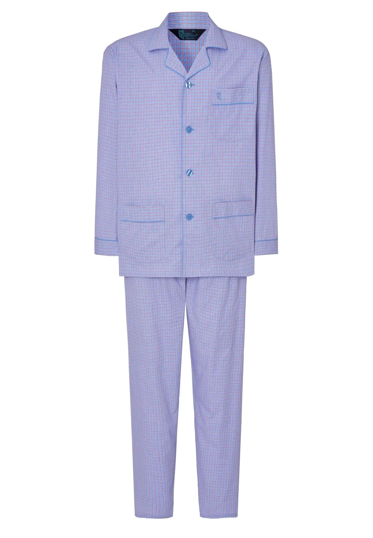 Pijama largo de hombre con solapas, estampado de cuadros azules y rosas, botones frontales y tres bolsillos.