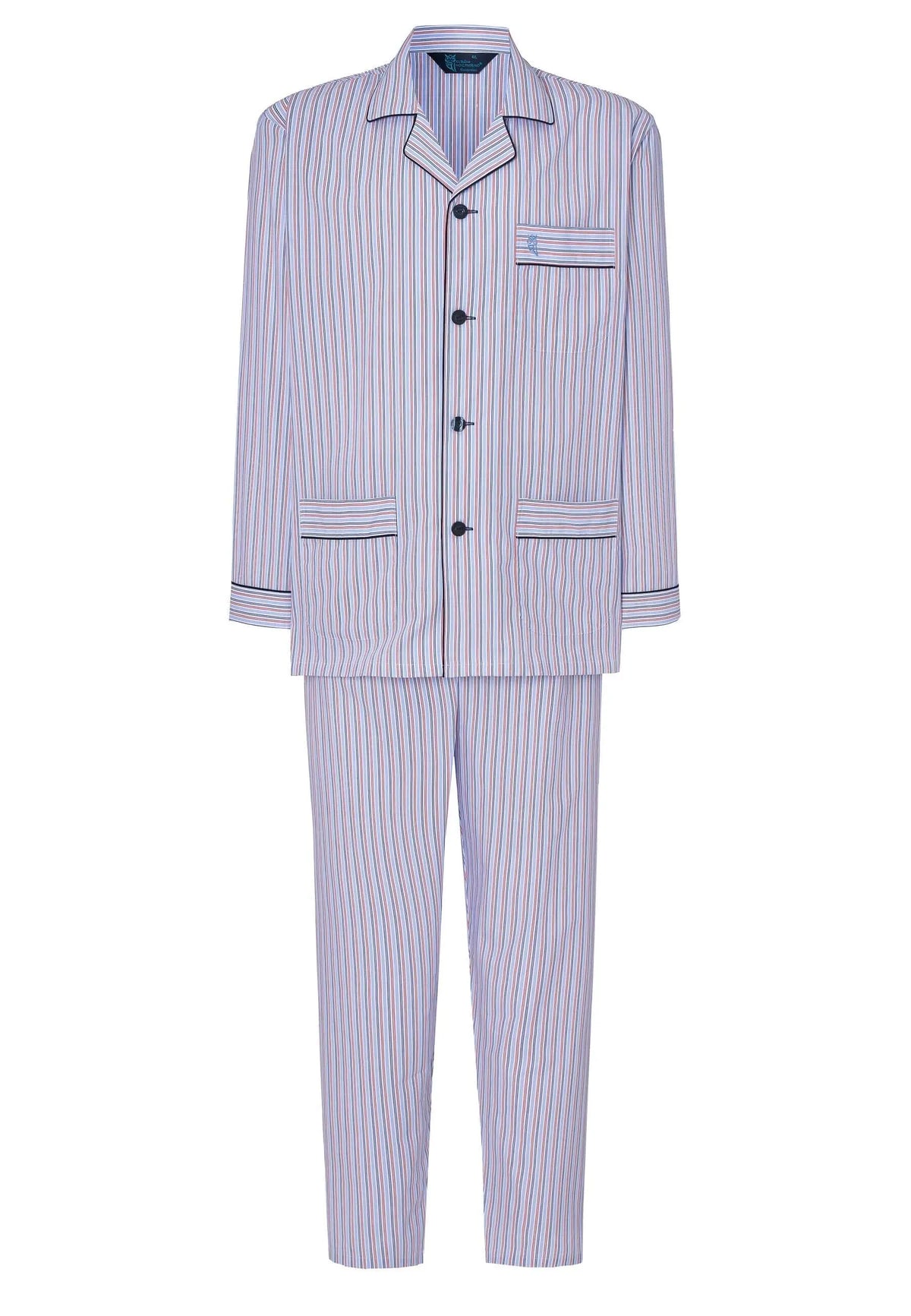 Pijama de hombre de rayas azules y rojas, manga larga, cuello solapa, botones negros, bolsillos y pantalón recto.