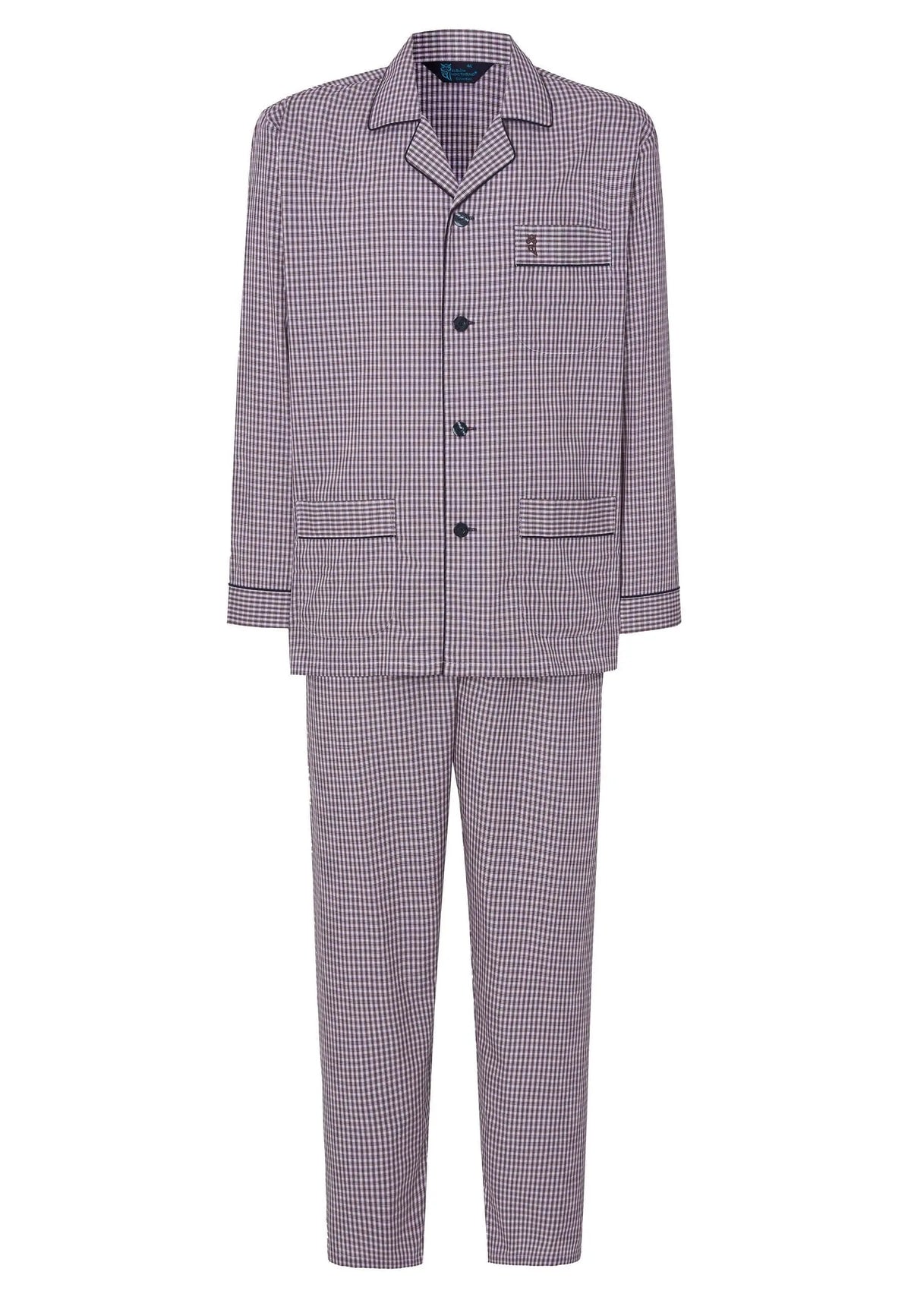 Pijama largo de hombre, cuadros rojos y blancos, solapa, botones oscuros, bolsillo en pecho y tejido de algodón.