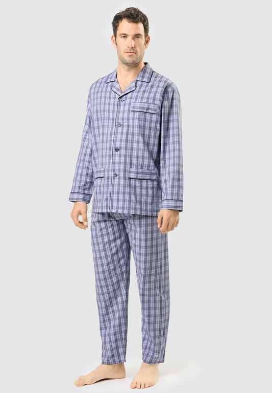Pijama Hombre Largo Solapa Popelín Cuadros - Azul 1542_30