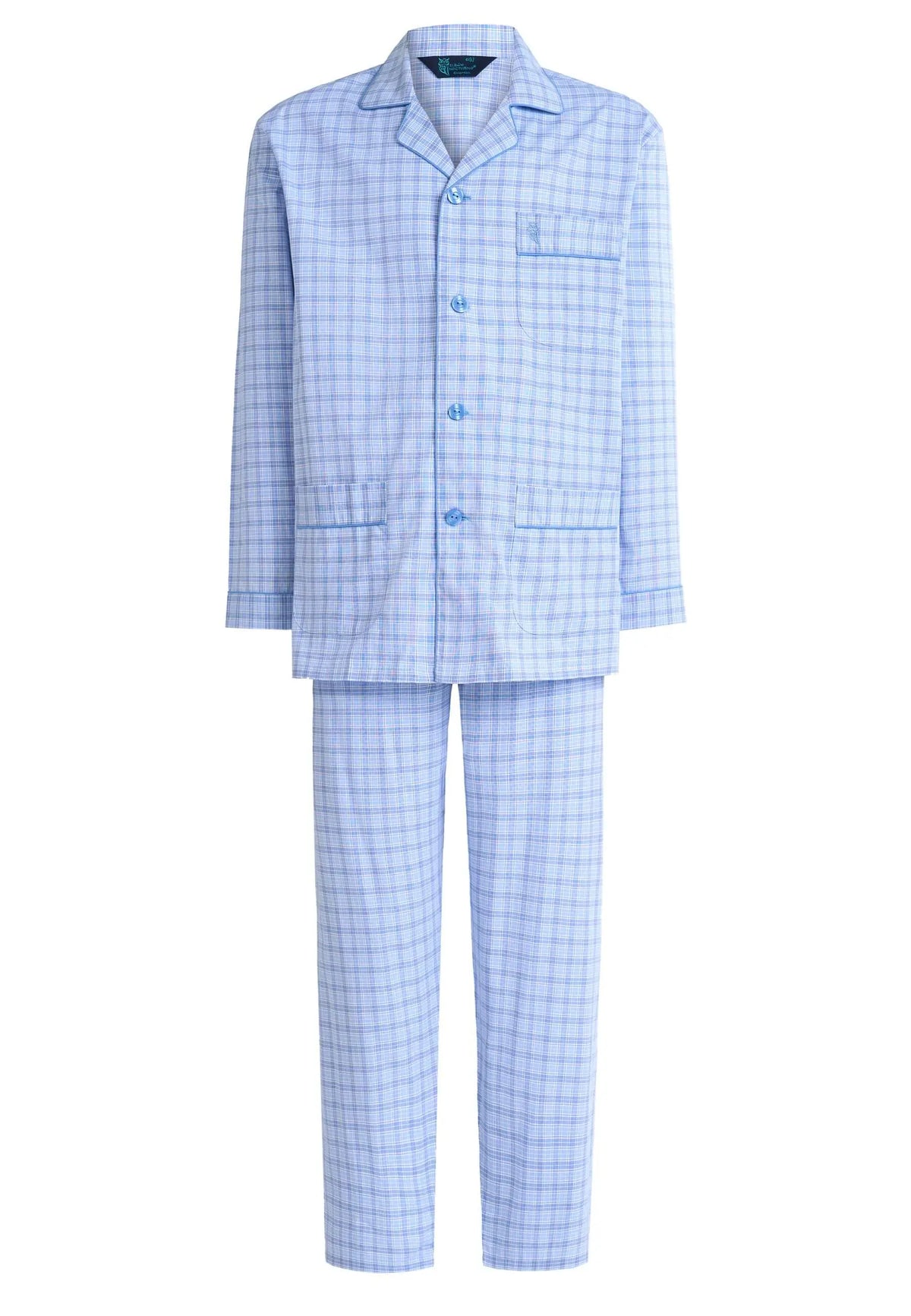 Pijama de hombre azul a cuadros, camisa de solapa con botones, tres bolsillos y pantalón largo a juego.