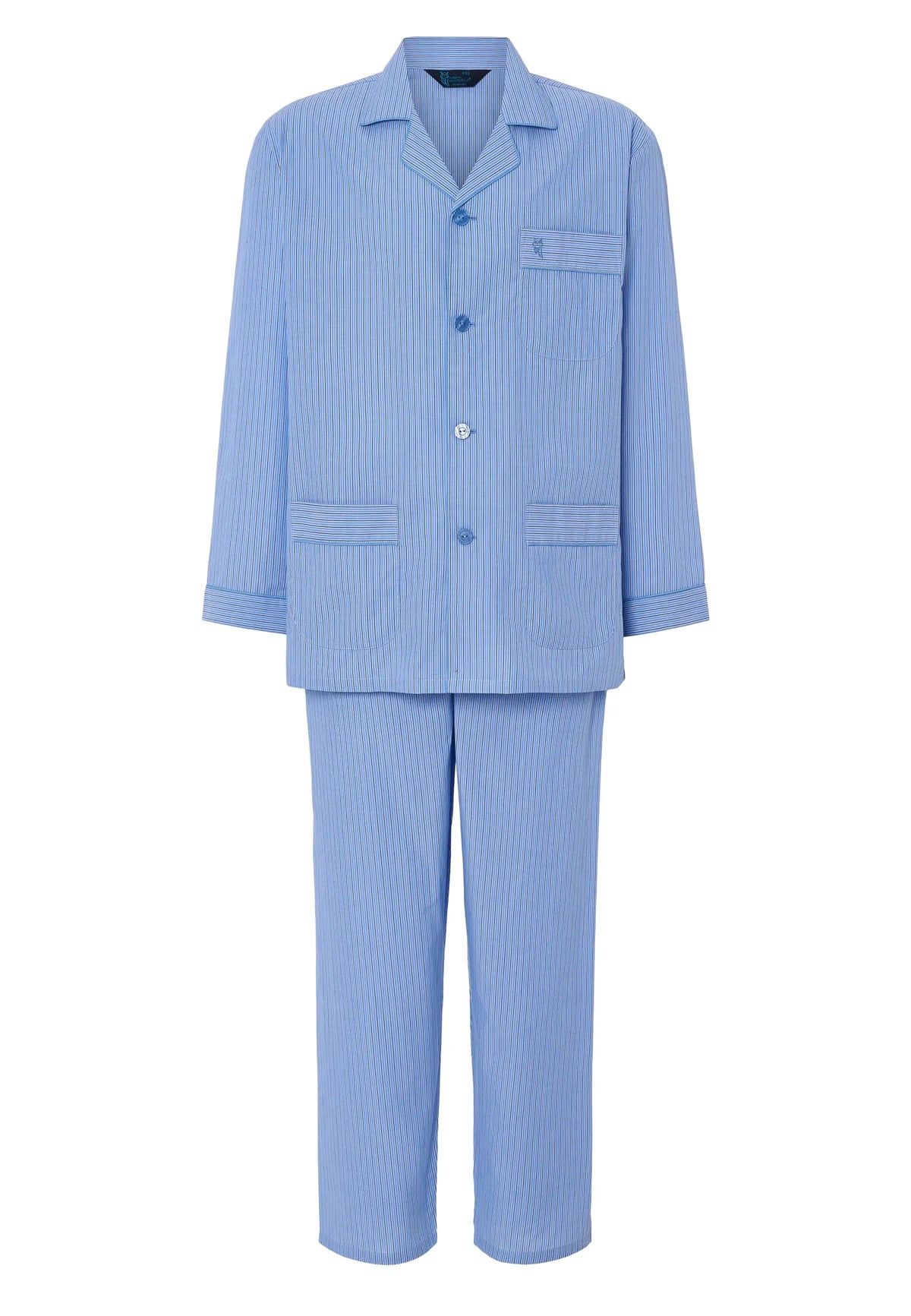 Pijama de rayas azul, algodón ligero, estilo clásico con chaqueta y pantalones. Ideal para confort nocturno.