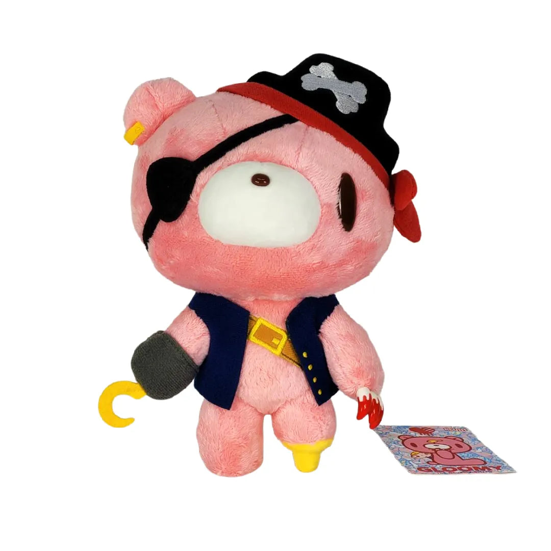 Pink plush bear dressed as a pirate with eye patch, tricorne hat, blue vest, hook hand, and red claw-mark details.
