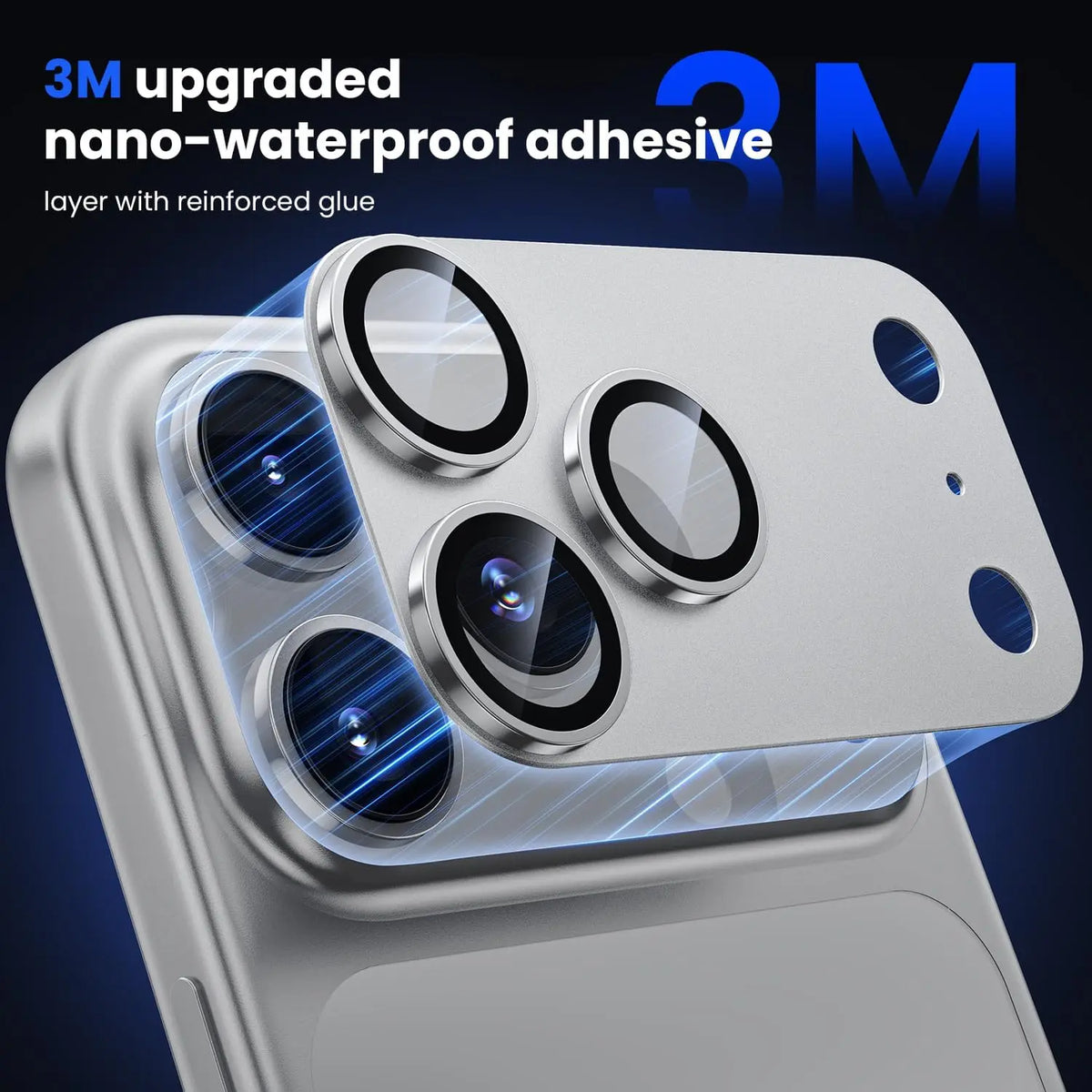 Silver titanium iPhone camera lens protector hovering over a smartphone camera module with 3M adhesive backing.