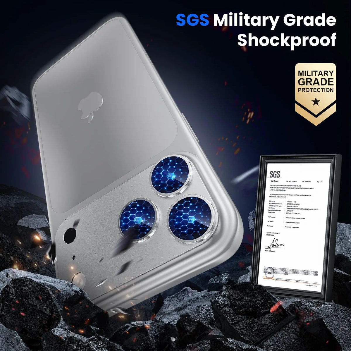 Titanium camera lens protectors for iPhone with blue honeycomb patterns, set against rocks and a military grade badge.