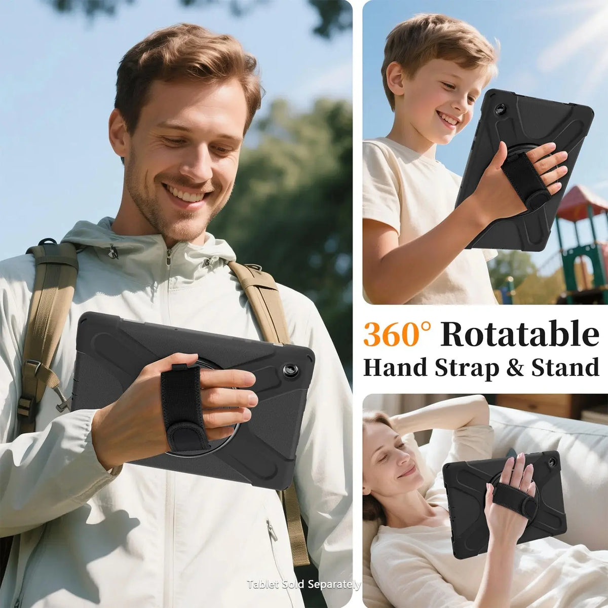 Black heavy-duty tablet case with 360-degree rotatable hand strap and integrated stand feature.