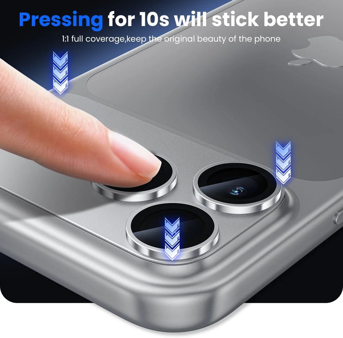 Titanium camera lens protectors being pressed onto an iPhone camera module with blue downward-pointing arrow graphics.