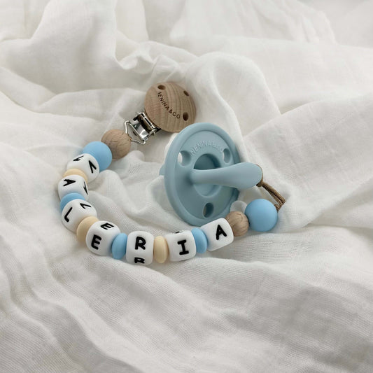 Kit Chupete Clásico Celeste de Silicona + Chupetero con Nombre | Nenina & Co.