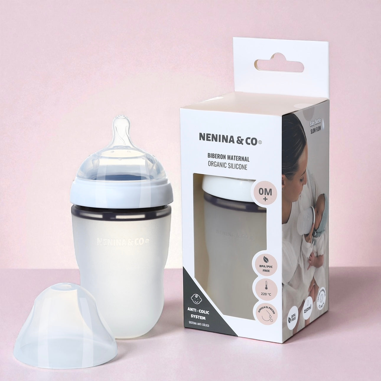 Pack Biberon Blanco flujo lento + Chupete Clásico Gris Nenina & Co