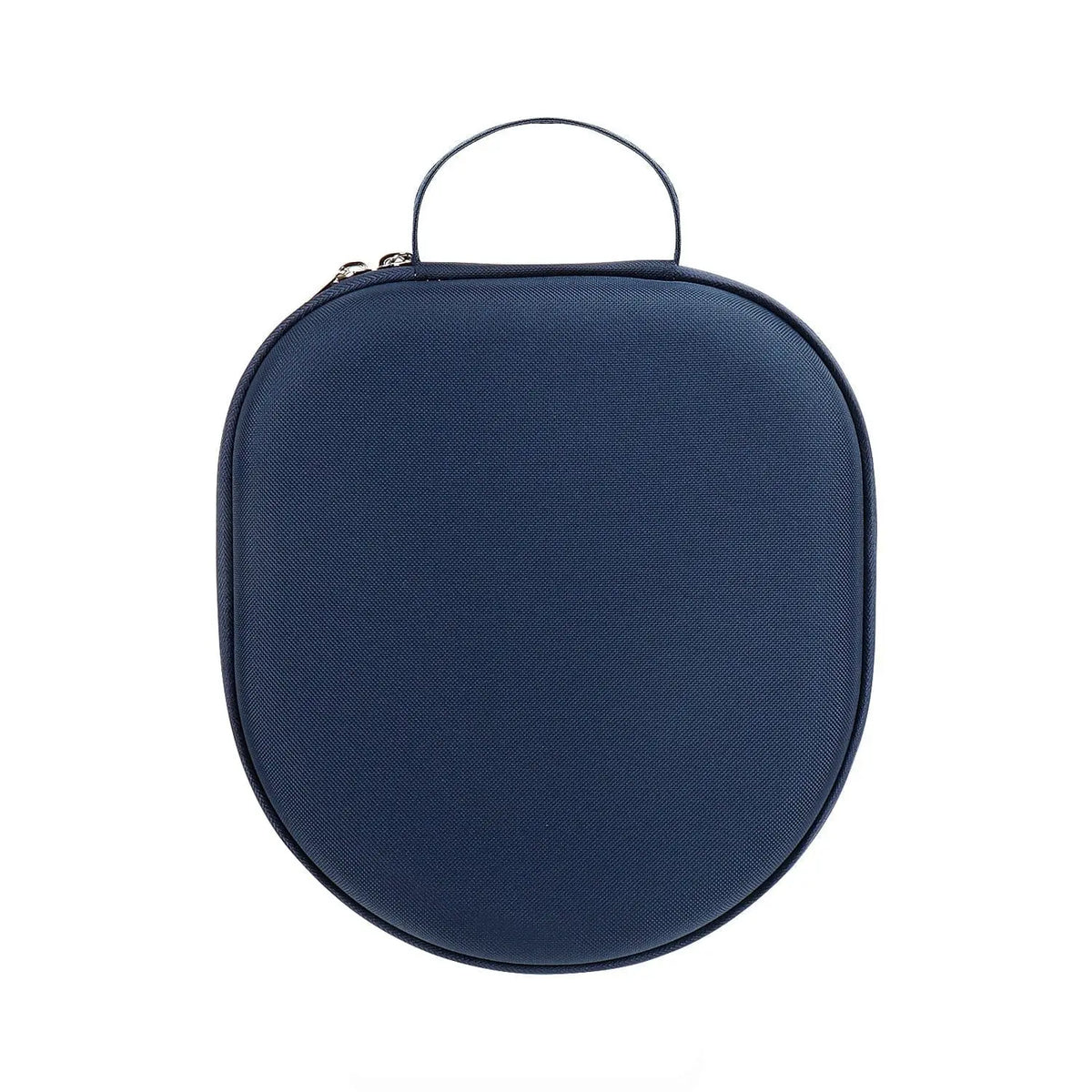 Navy blue hard-shell travel case for AirPods Max with a fabric texture, rounded shape, zipper, and carry handle.