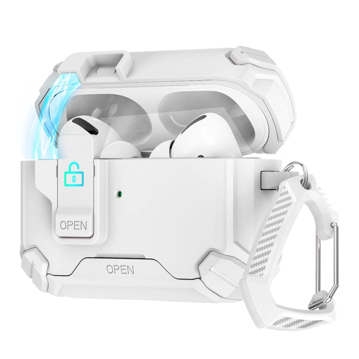 White heavy-duty AirPods Pro 3 case with secure lock, carabiner, and MagSafe design.