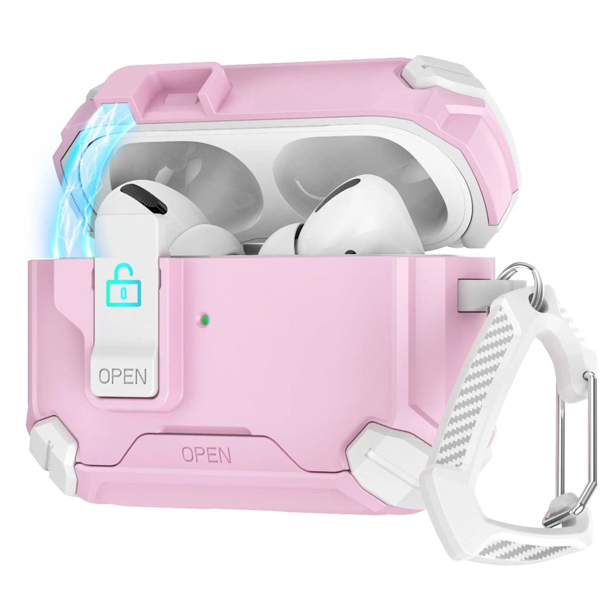 Heavy-duty pink and white AirPods Pro case with a secure locking latch, open lid, and a matching carabiner clip.