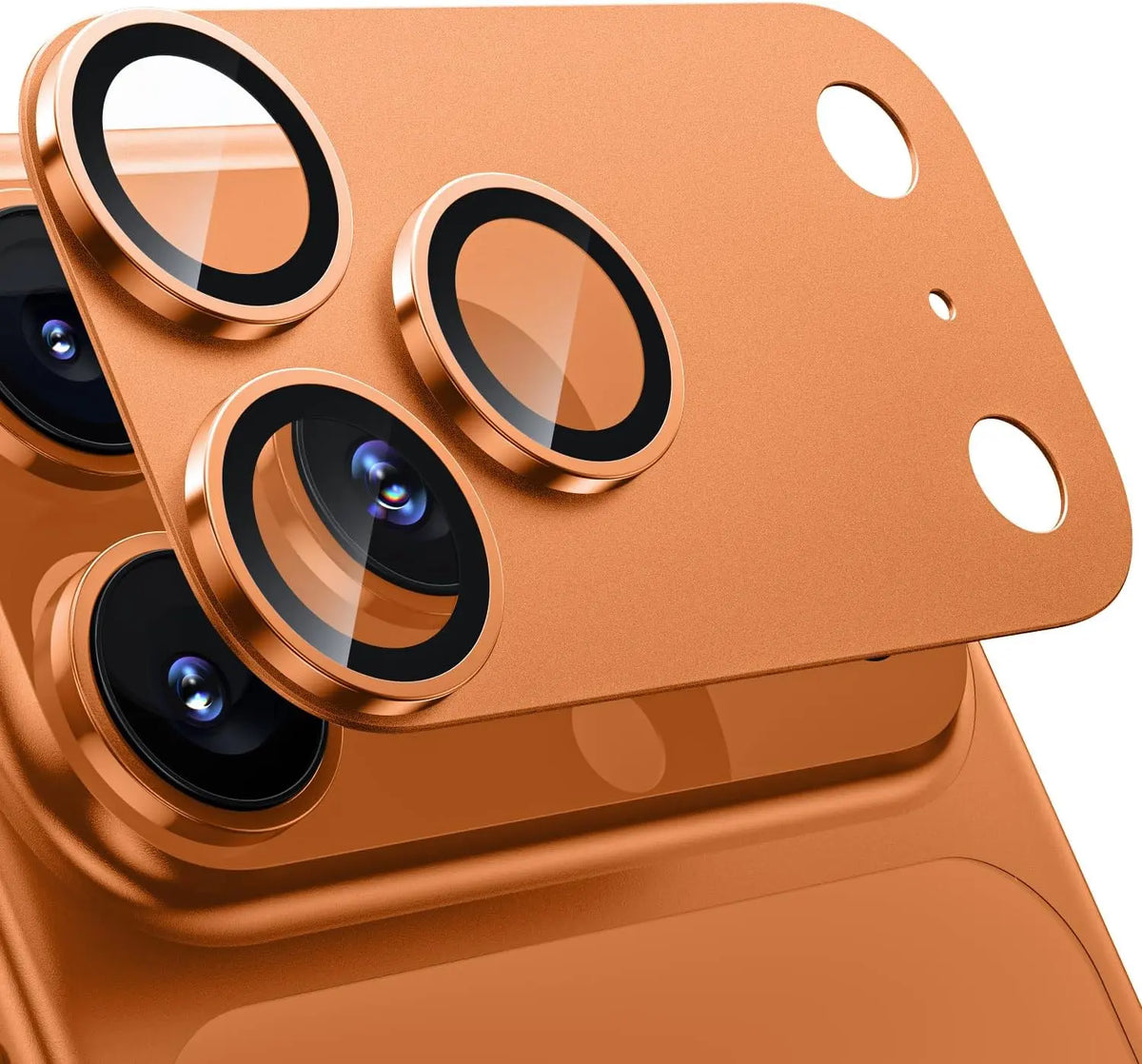 Copper-colored titanium camera lens protector for iPhone, featuring three circular cutouts and a sleek, durable finish.