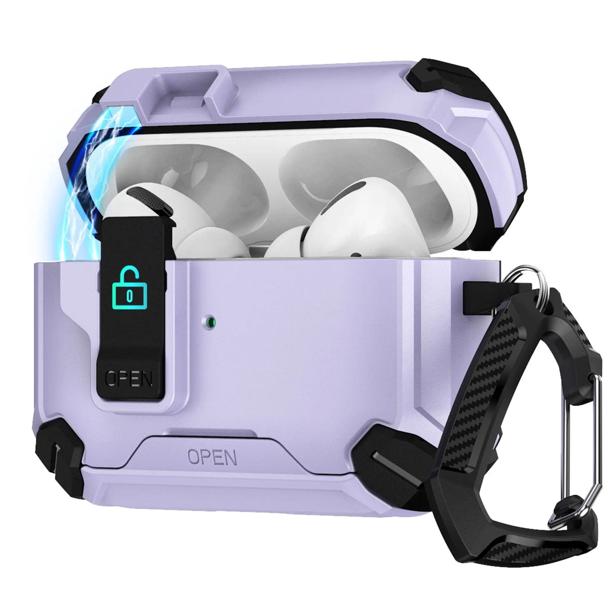 Light purple heavy-duty AirPods Pro case with secure black locking latch, protective bumpers, and attached carabiner.