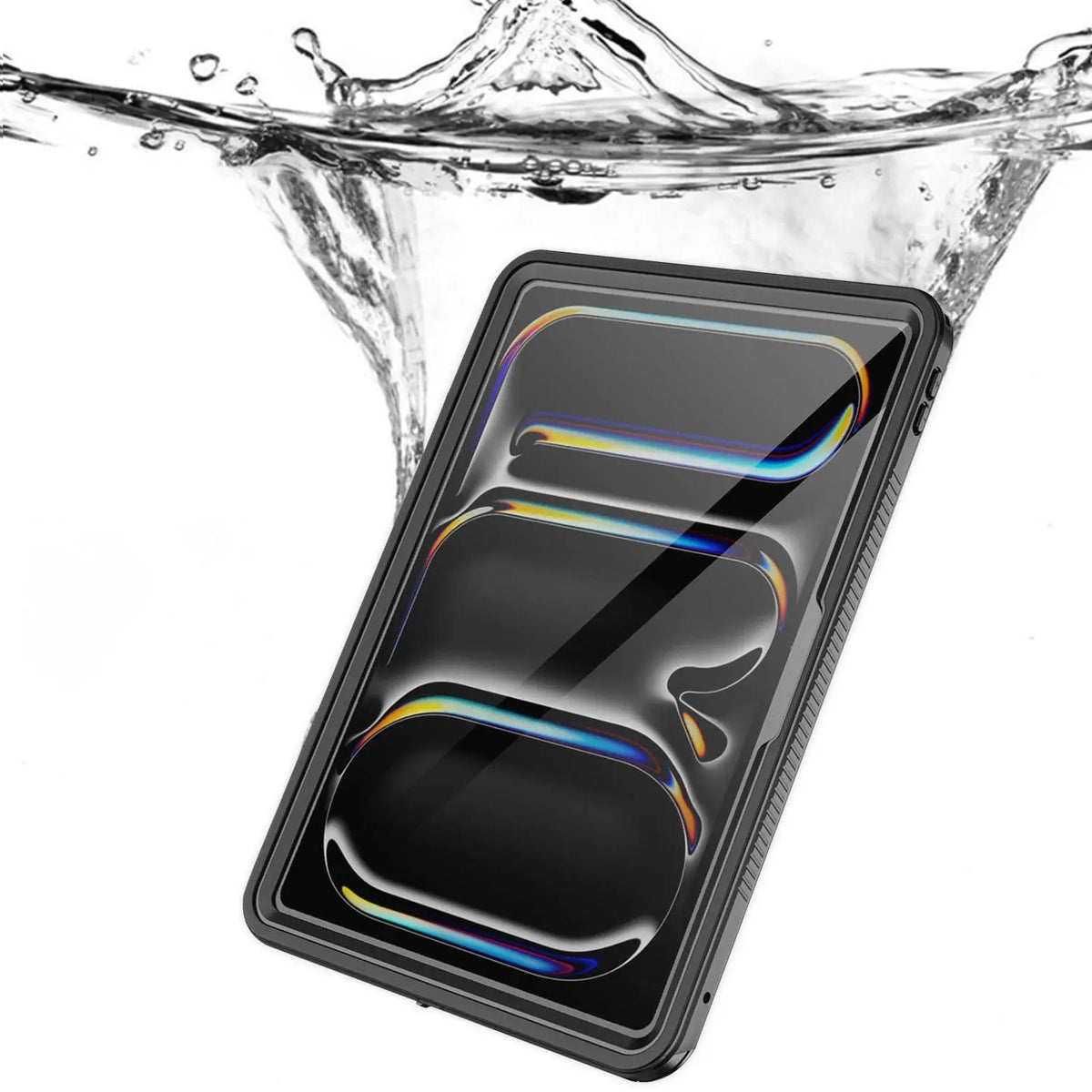 Black waterproof iPad Pro 13-inch case submerged in water with a protective screen, creating a splash effect.