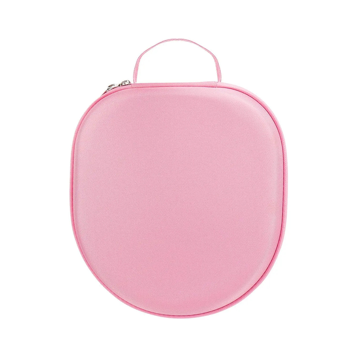 Pink, round, hard-shell travel carry case for headphones with a zipper closure and a fabric handle, isolated.