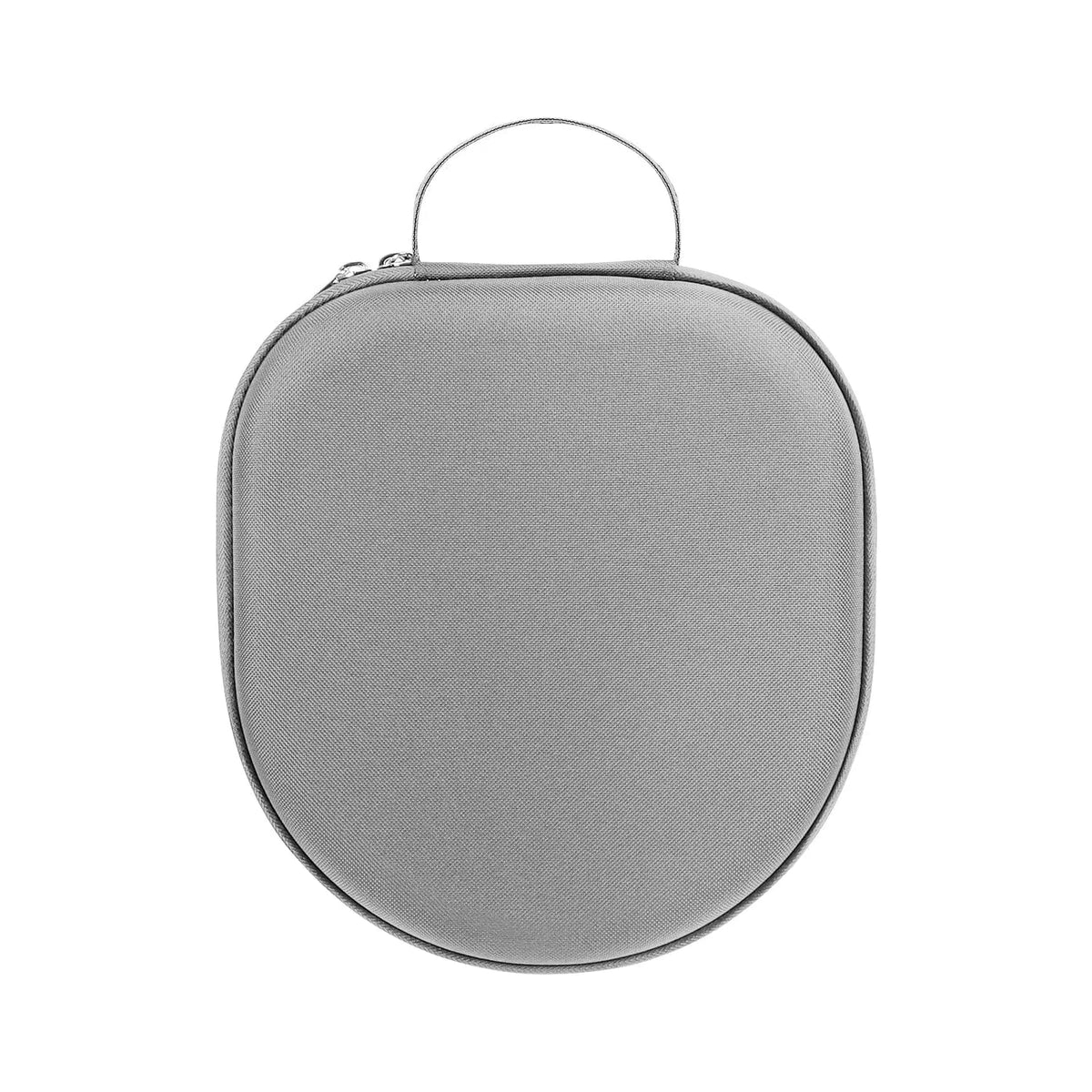 Grey, hard-shell travel case for over-ear headphones with a smooth, rounded shape and a top carrying handle.
