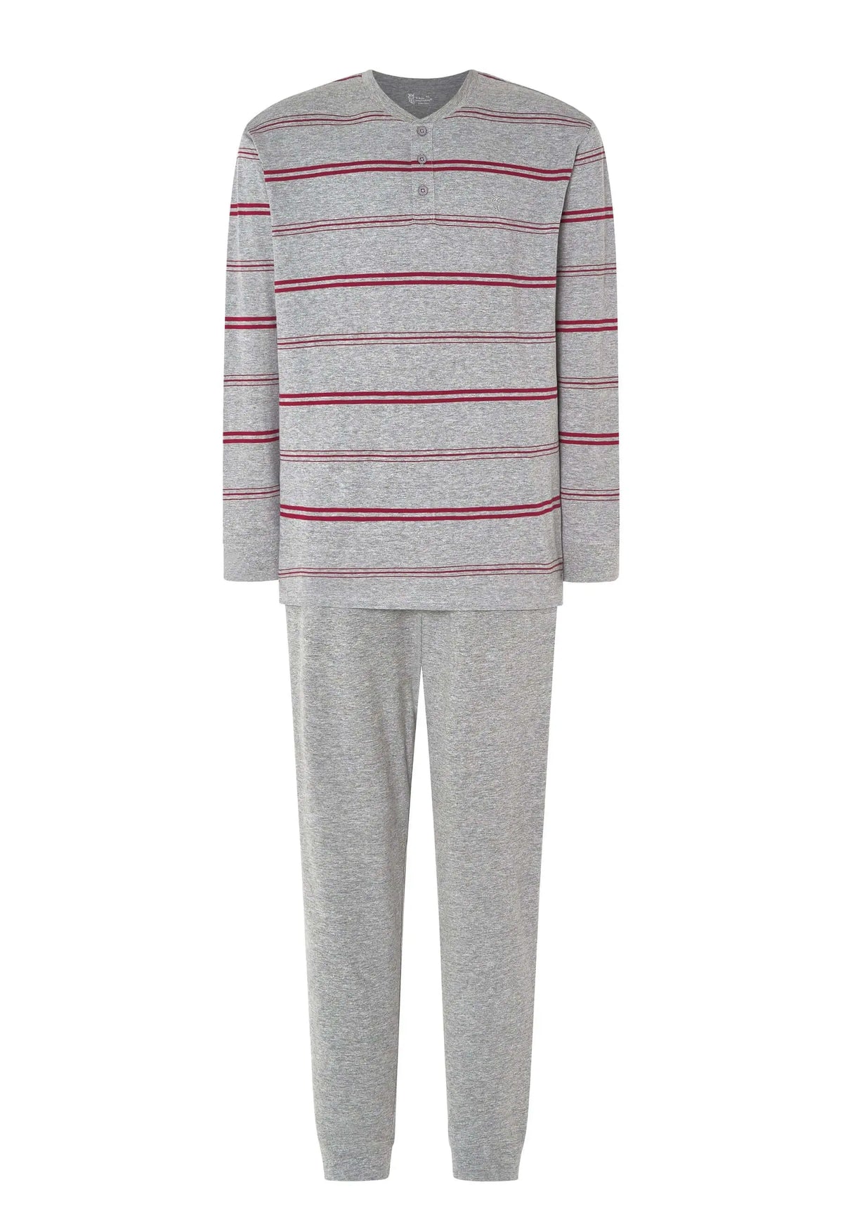 Pijama hombre gris de punto, camiseta de rayas granates con tapeta de tres botones y pantalón largo liso de algodón.