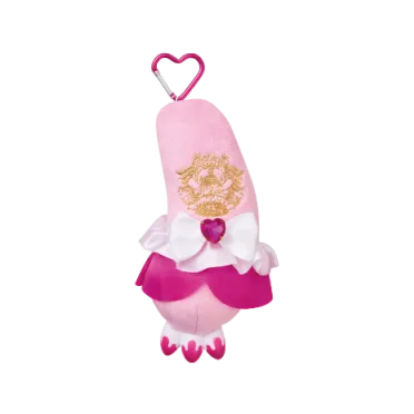 Pink plush Gloomy Bear arm with gold emblem, white frilled collar, heart-shaped pink gem, and heart-shaped carabiner.