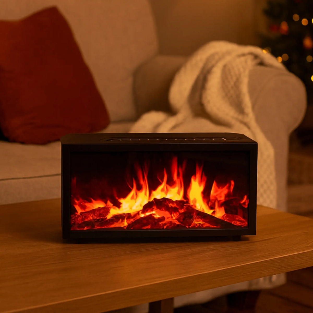 Difusor negro rectangular con efecto de llama realista, sobre mesa de madera, creando un ambiente cálido y acogedor.