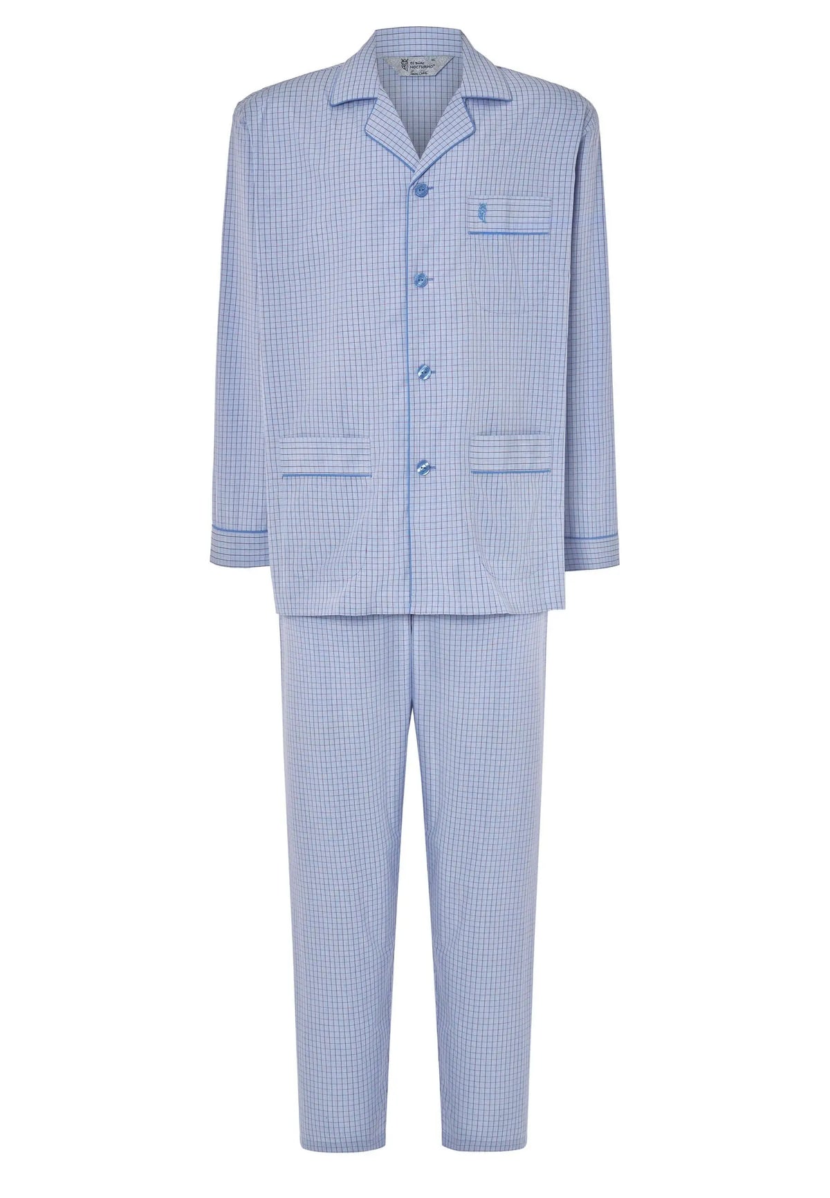 Pijama de hombre azul de cuadros con solapa, botones, bolsillo en pecho y dos bolsillos laterales en el bajo.