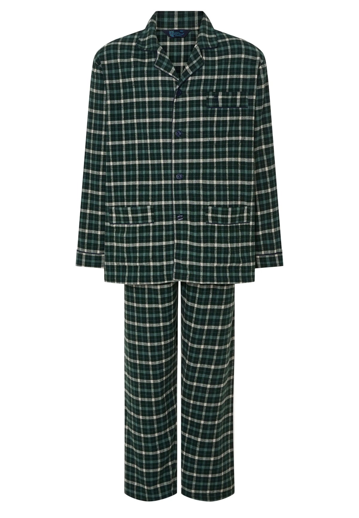Pijama de hombre largo de franela a cuadros verdes y blancos, con chaqueta de solapas, botones y bolsillos frontales.