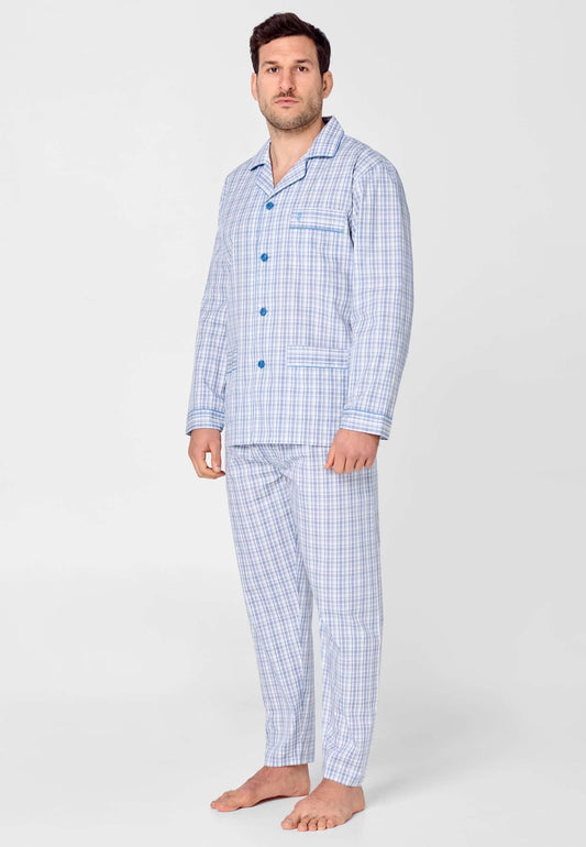 Pijama Hombre Largo Solapa Algodón Popelín Cuadros - Azul de hombre con pijama de cuadros y solapa.