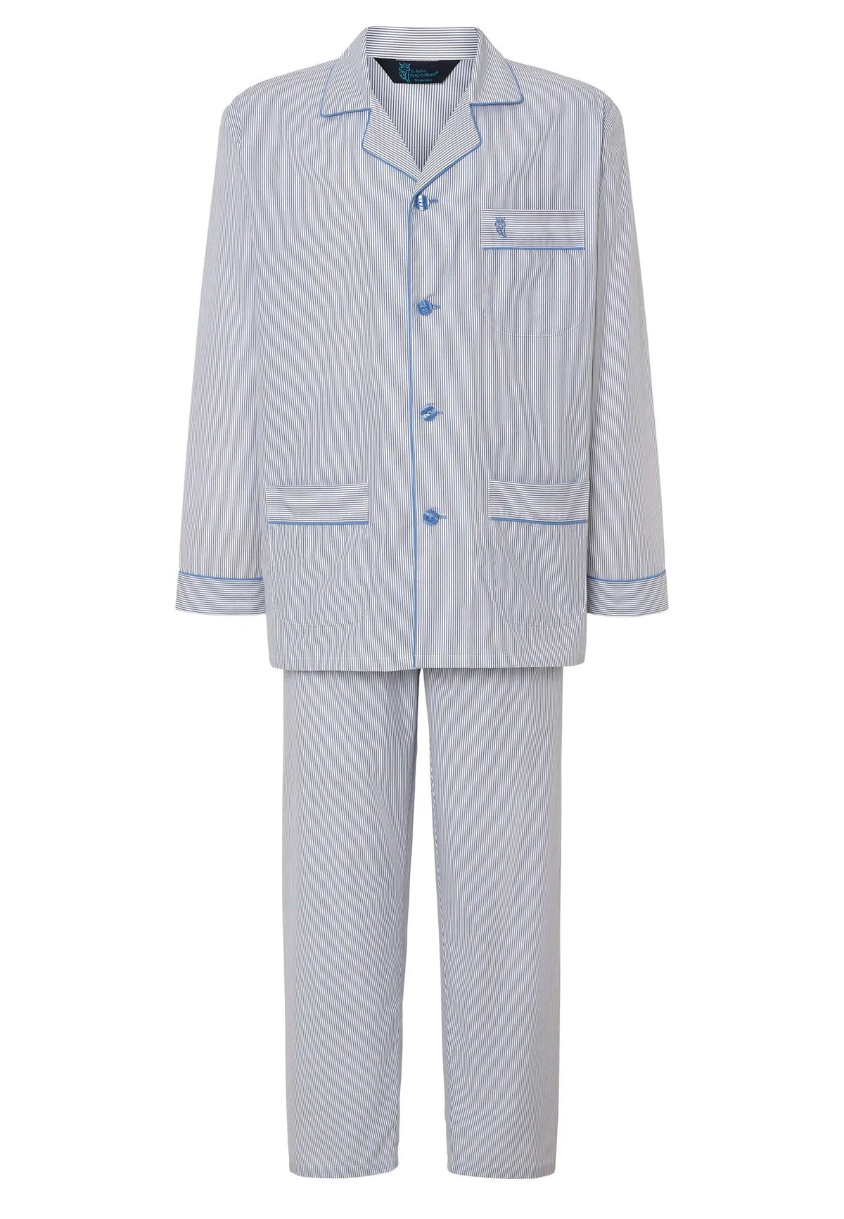 Pijama de hombre de rayas beige y blancas, con botones, bolsillos, solapas y ribetes azules de El Búho Nocturno.