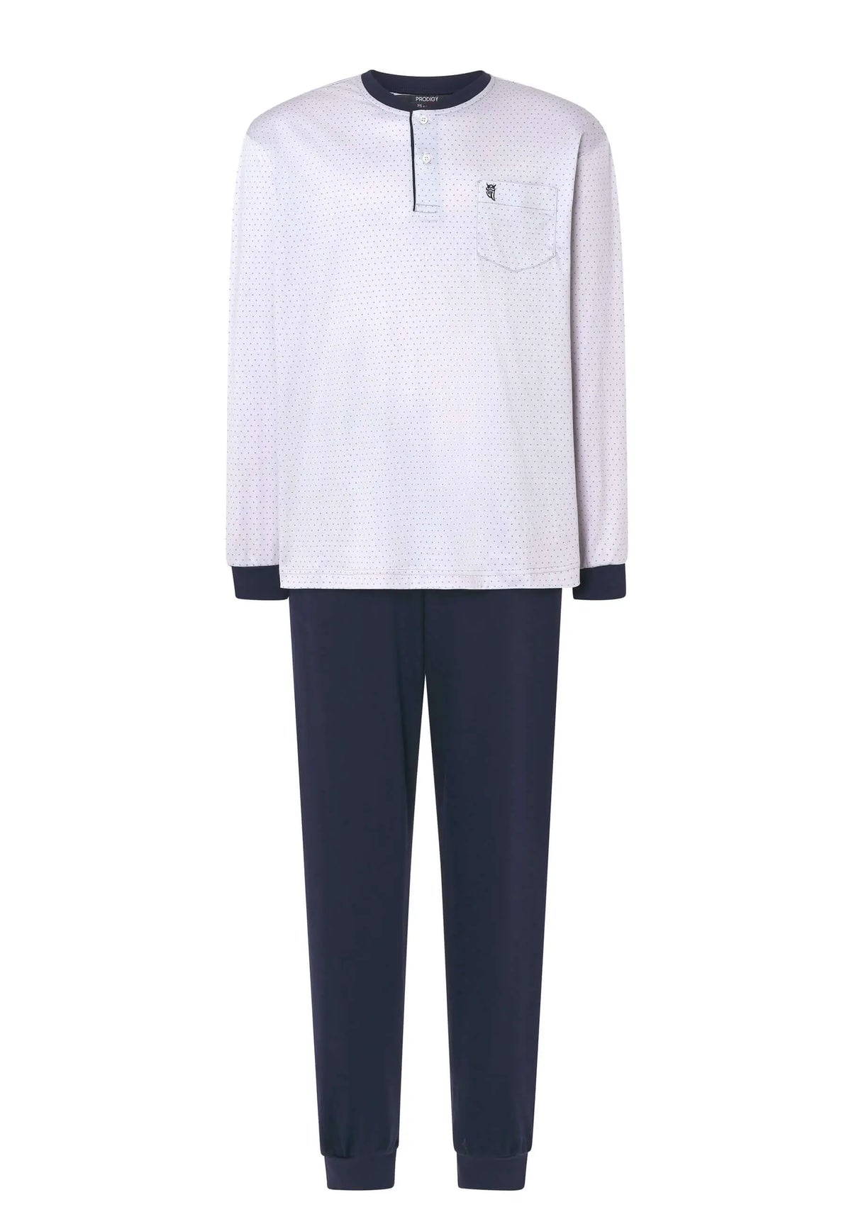 Pijama largo de hombre gris estampado, con tapeta de dos botones, bolsillo en pecho, puños y pantalón azul marino liso.