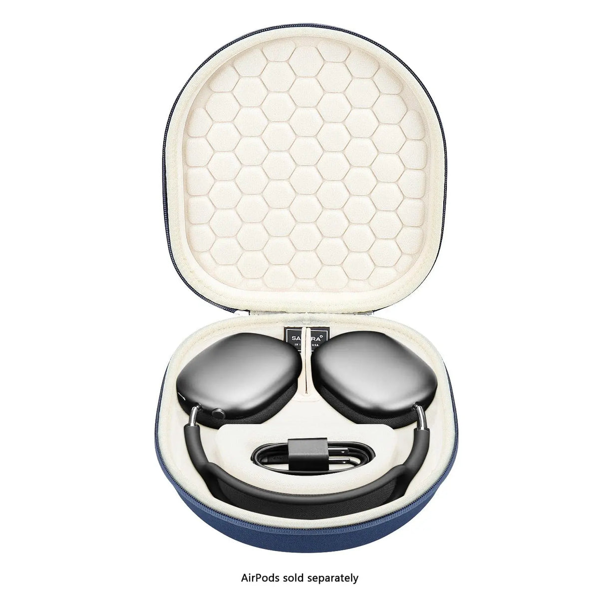 Navy blue hard shell travel case for headphones, open to show gray over-ear headphones and cable in padded interior.