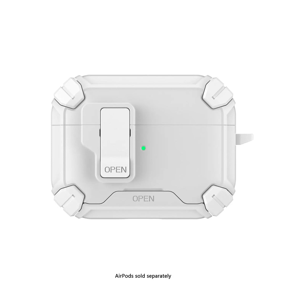 White, heavy-duty matte plastic earbud case with reinforced corners, a locking latch mechanism, and small green LED.