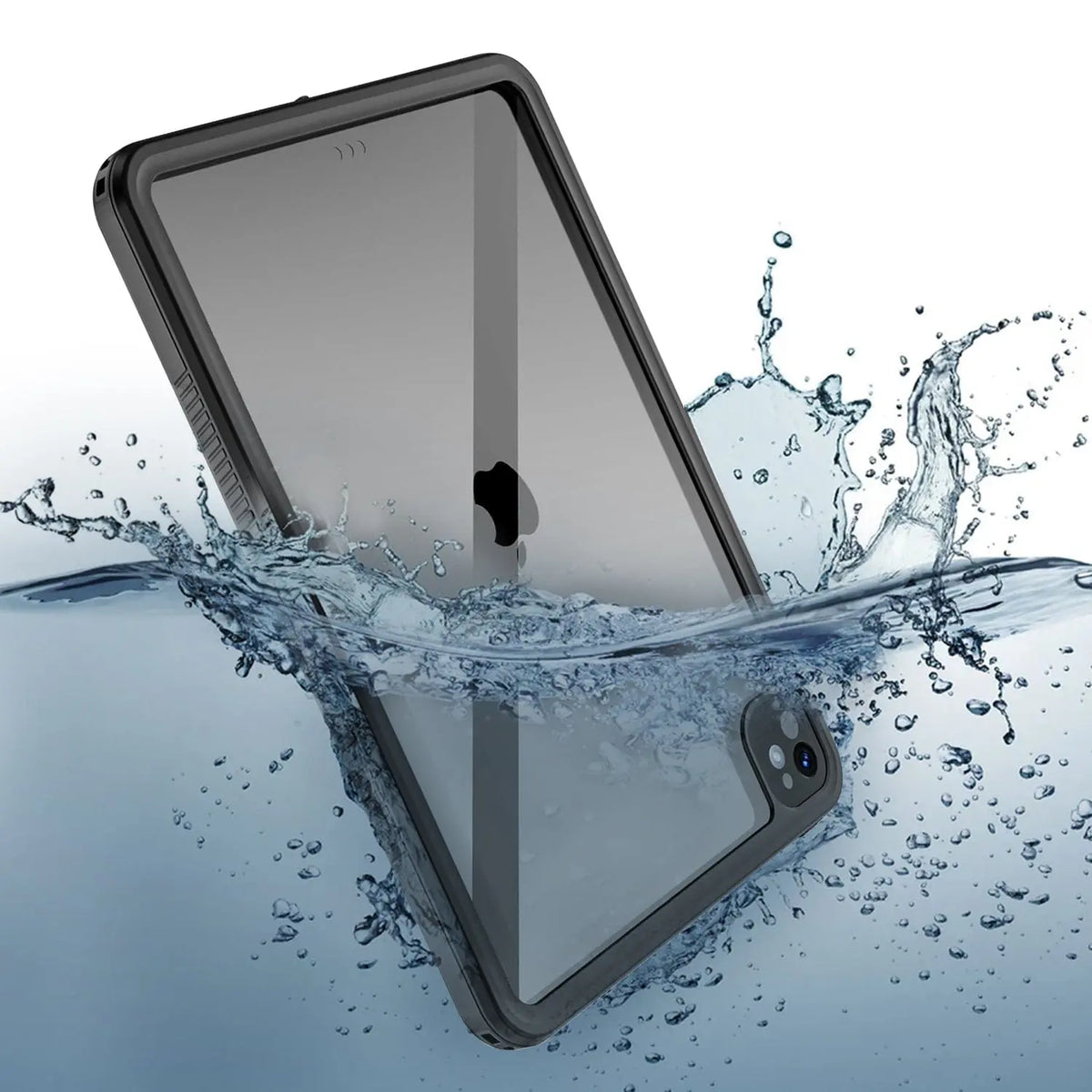 Black waterproof iPad Pro case submerged in water with a splash, showing a clear protective screen and camera cutout.