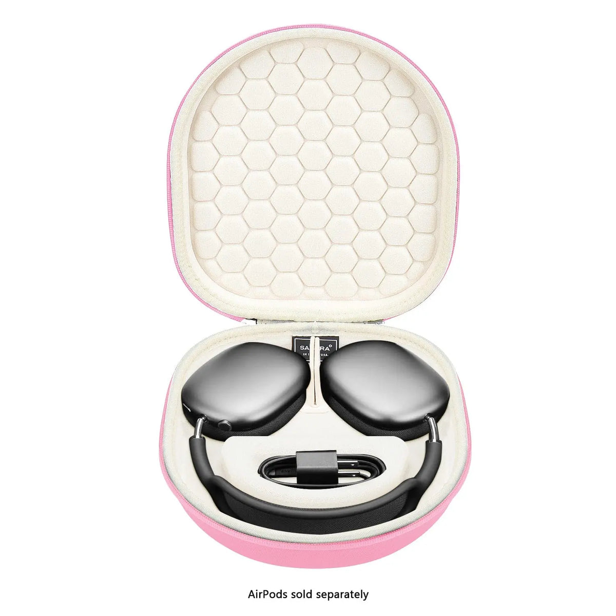 Pink hard-shell travel case for AirPods Max, featuring a beige honeycomb interior and dedicated accessory storage.