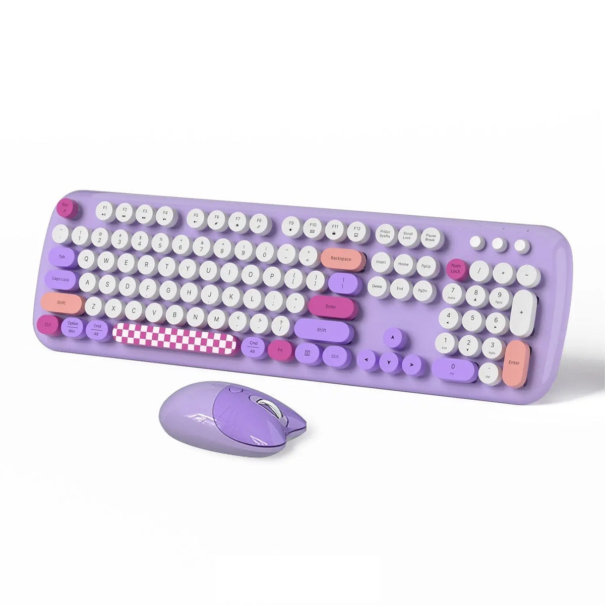 Wireless keyboard and mouse combo in pastel purple with round white, pink, and purple keys, including a checker spacebar.