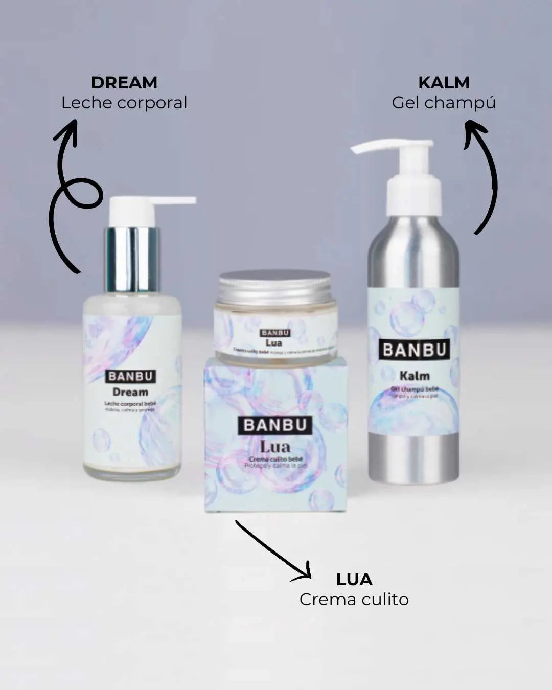 Pack de cosmética infantil Banbu: leche corporal, gel-champú y crema en envases sostenibles con diseño de burbujas.