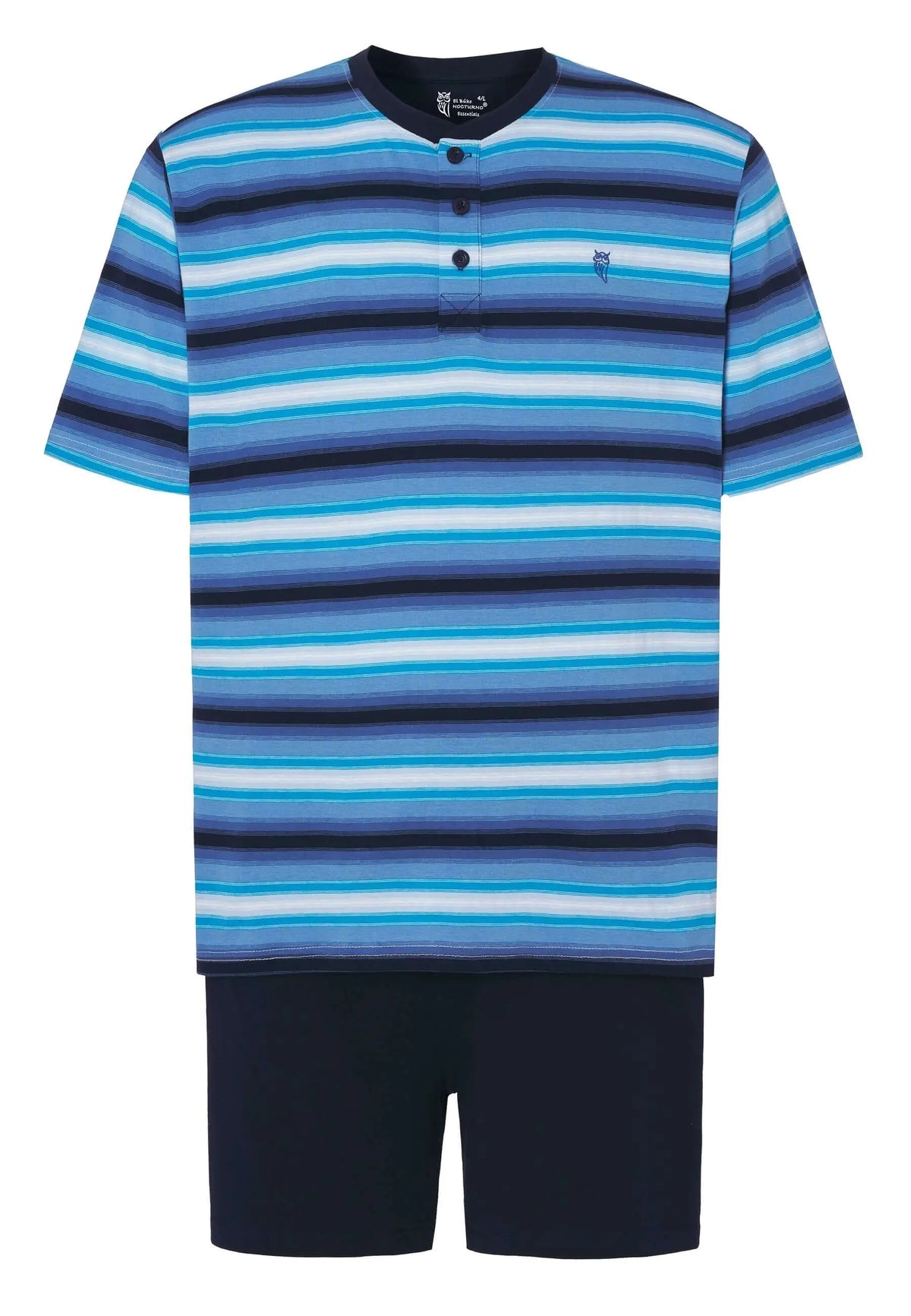 Pijama corto hombre: camiseta azul de rayas horizontales con botones y pantalón liso azul marino. Tejido de punto.